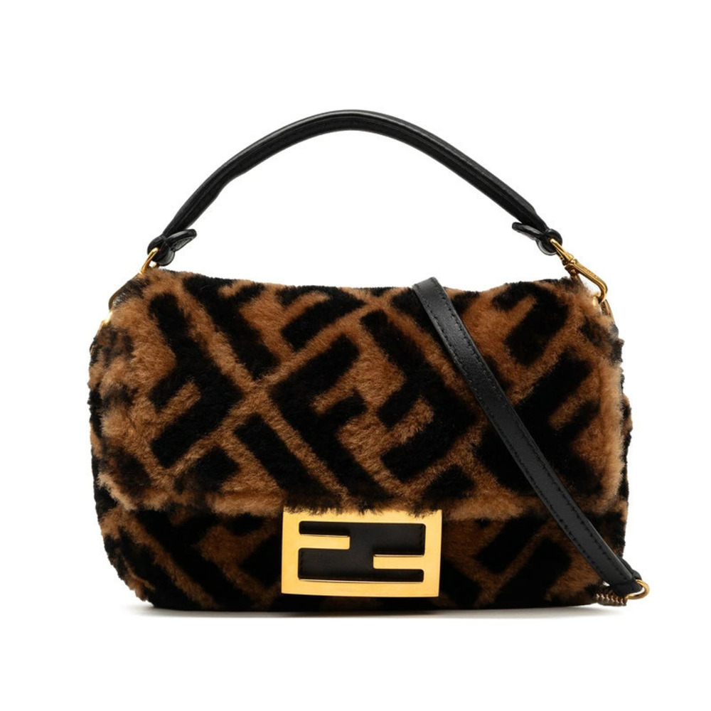Fendi Zucca Baguette 2way Shoulder Bag Brown Shearling Leather